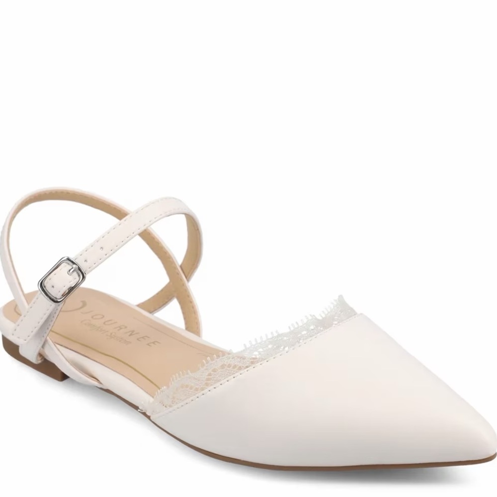 Journee Collection Women's White Pointed Lace-Trim Slingback Flats